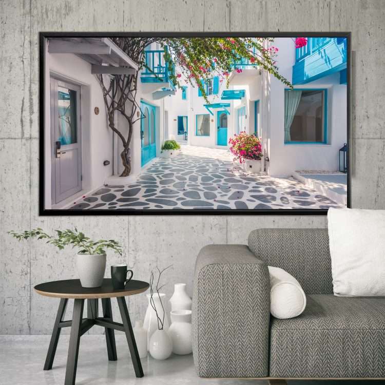 Picture in Plexiglass with Theme "Alley in Santorini" in a black wooden frame-Massdeco