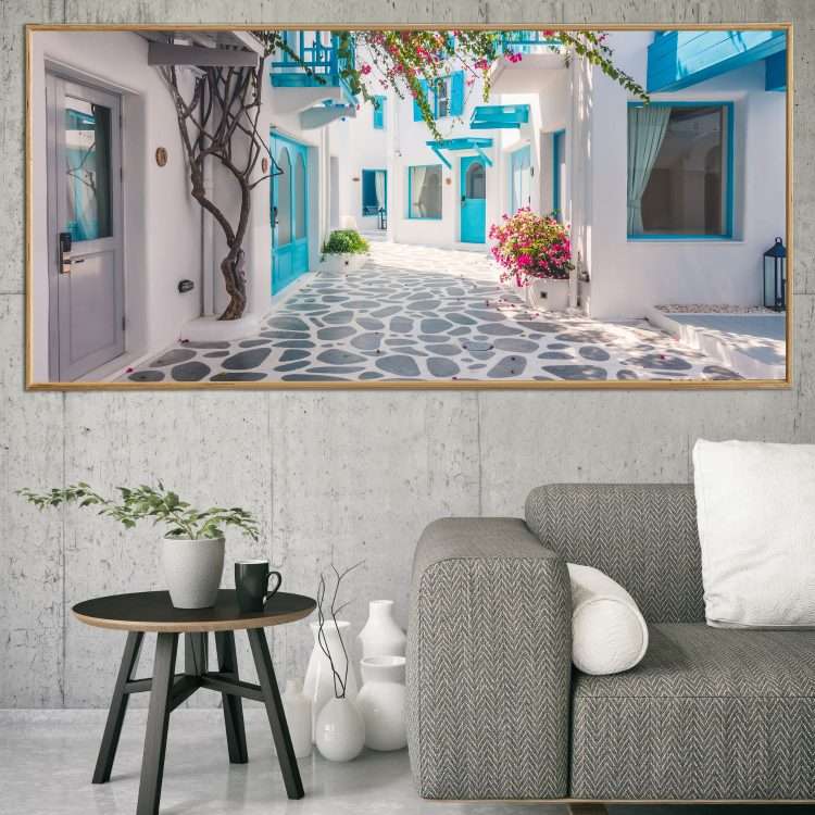 Plexiglass painting with "Alley in Santorini" theme in a wooden frame-Massdeco