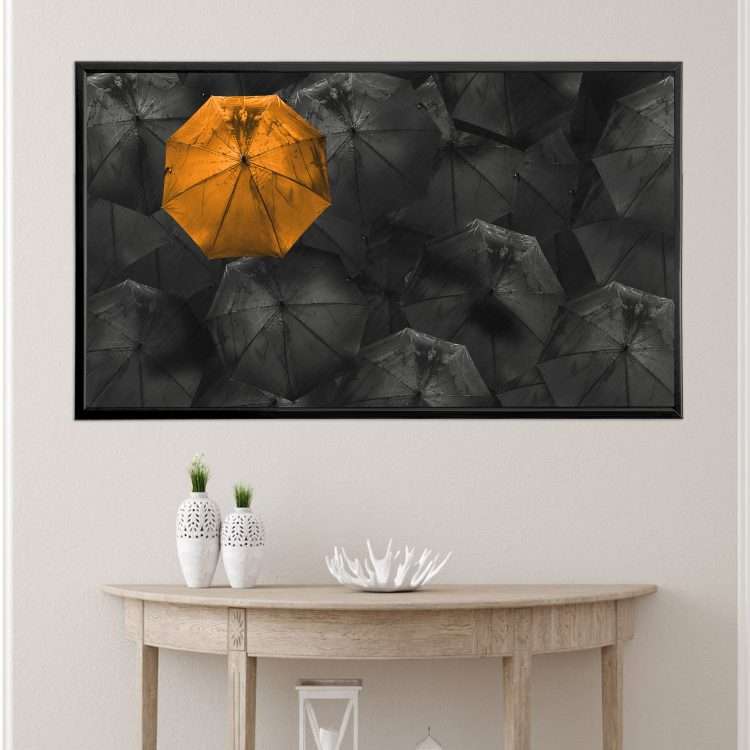 Plexiglass painting with "Orange Umbrella" theme in a black wooden frame-Massdeco