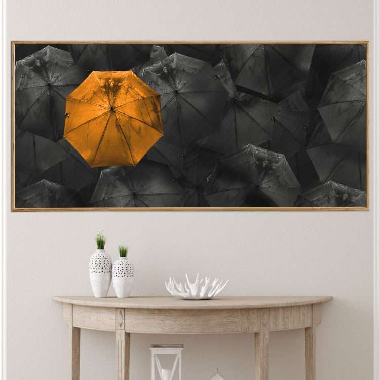 Plexiglass painting with "Orange Umbrella" theme in a wooden frame-Massdeco