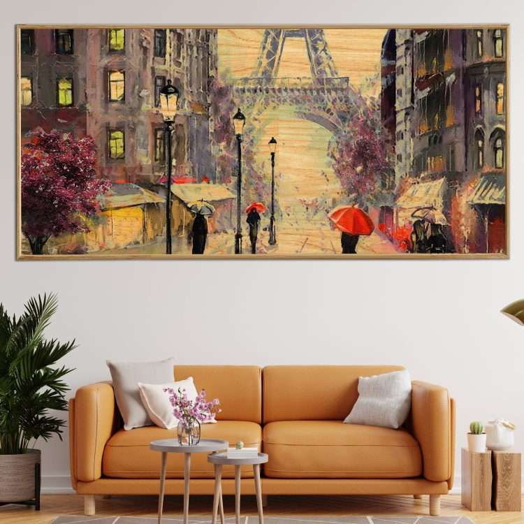 Painting on Wood with Theme "view of the street of Paris" in a wooden frame-Massdeco