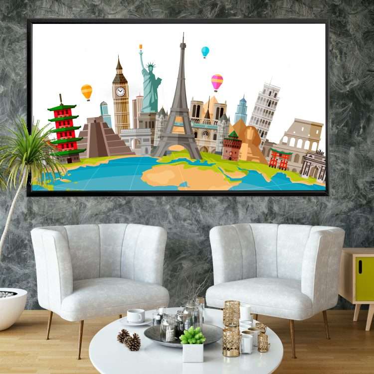 "Famous Monuments of the World" Plexiglass Painting in Black Wooden Frame-Massdeco