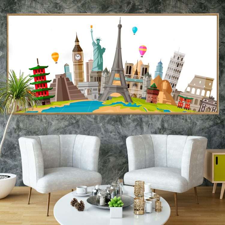 Plexiglass painting with "Famous Monuments of the World" theme in a wooden frame-Massdeco