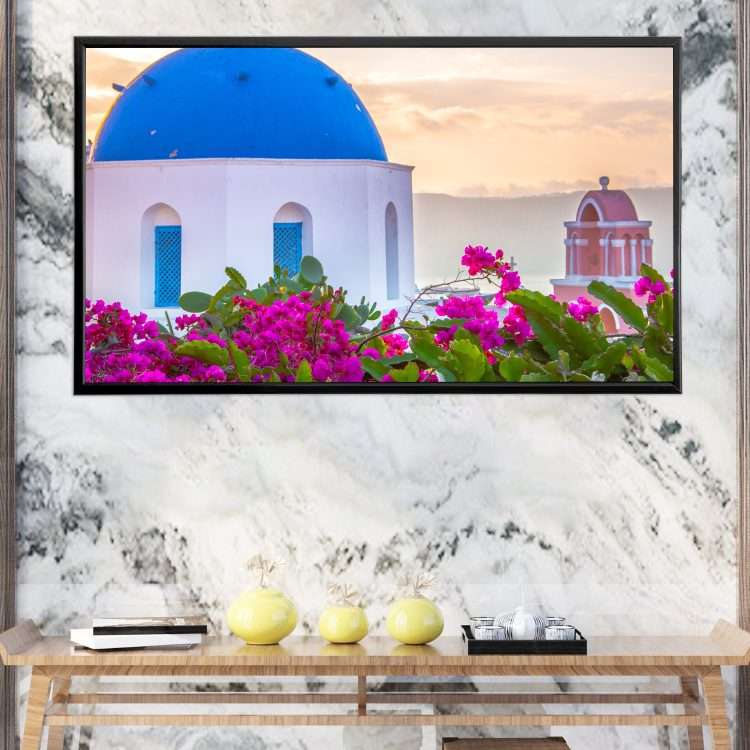 Plexiglass painting with "Church in Santorini" theme in a black wooden frame-Massdeco