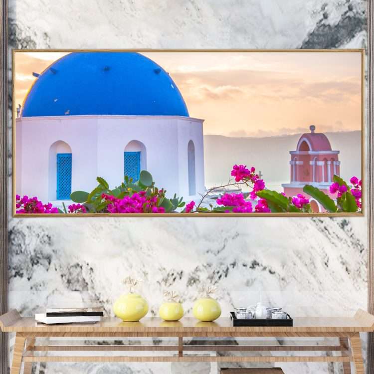 Plexiglass painting with "Church in Santorini" theme in a wooden frame-Massdeco