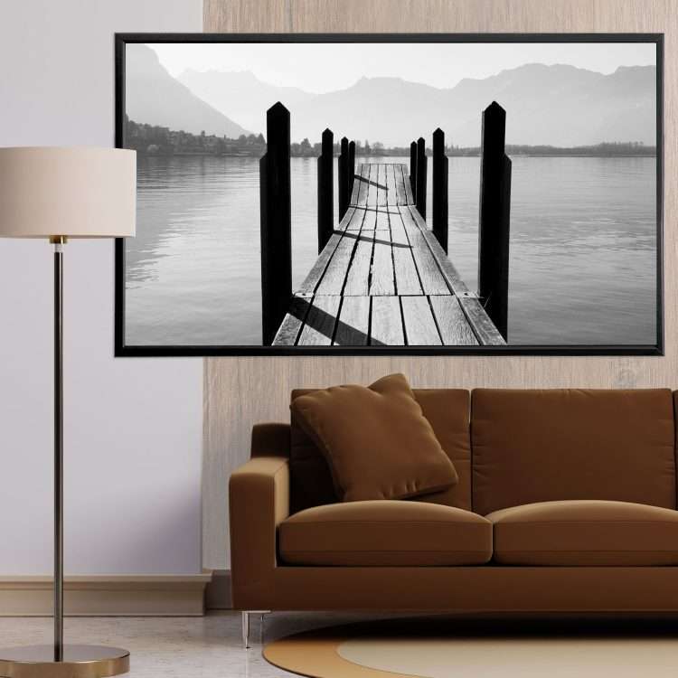 Plexiglass painting with the theme "Black and white wooden bridge" in a black wooden frame-Massdeco
