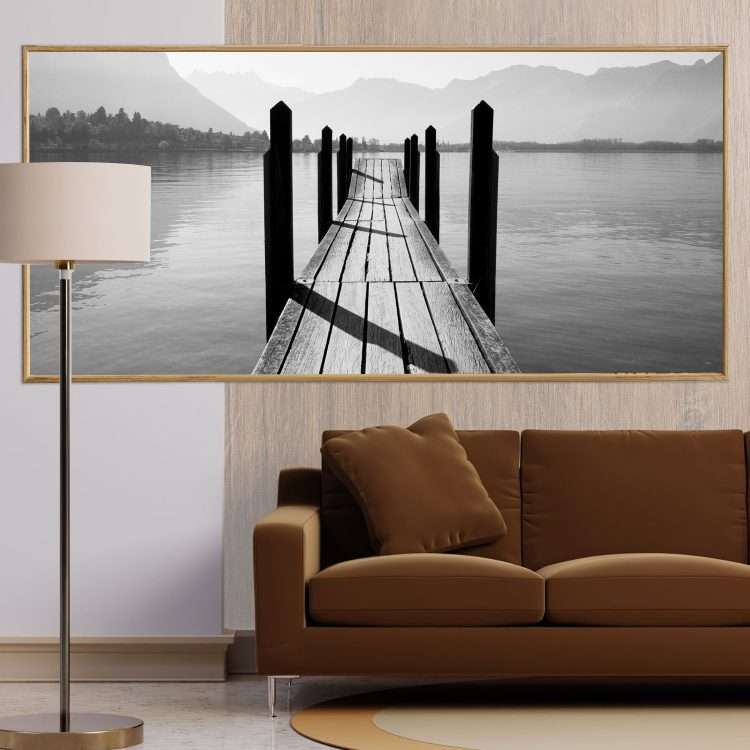 Plexiglass painting with "Black and white wooden bridge" theme in a wooden frame-Massdeco