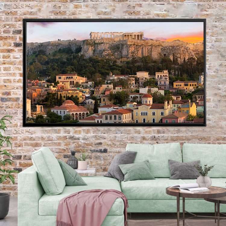 Plexiglass painting with "Acropolis at sunset" theme in a black wooden frame-Massdeco
