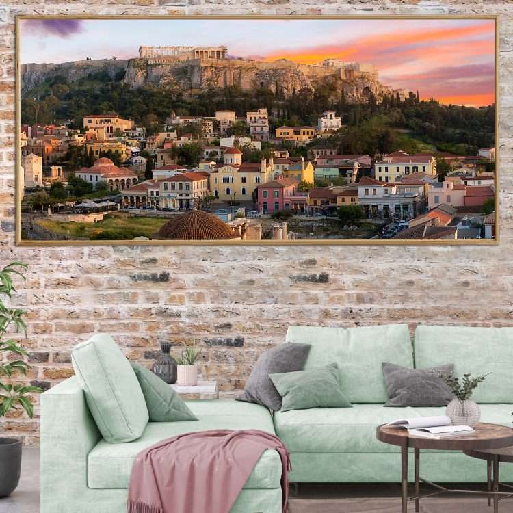 Plexiglass painting with "Acropolis at sunset" theme in a wooden frame-Massdeco