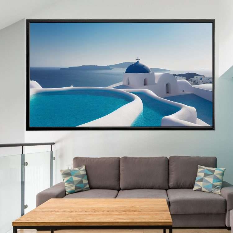 "Santorini with panoramic background" Plexiglass painting in black wooden frame-Massdeco
