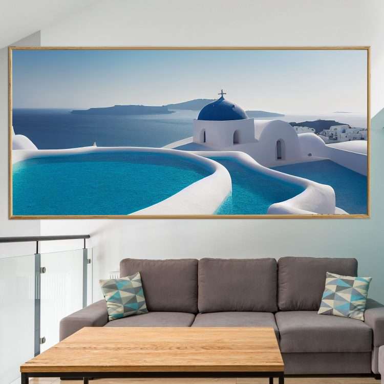 Plexiglass painting with "Santorini with panoramic background" theme in a wooden frame-Massdeco