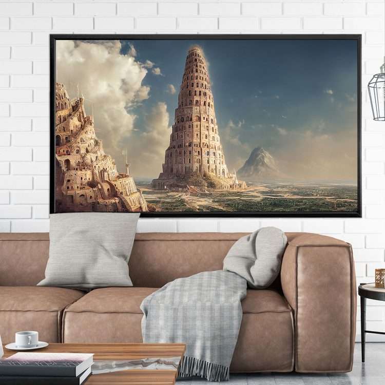 "Tower of Babel" Plexiglass Painting in Black Wooden Frame-Massdeco