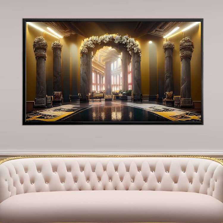 Picture in Plexiglass with Theme "Arches on a black marble wall & columns with gold decoration" in a black wooden frame-Massdeco