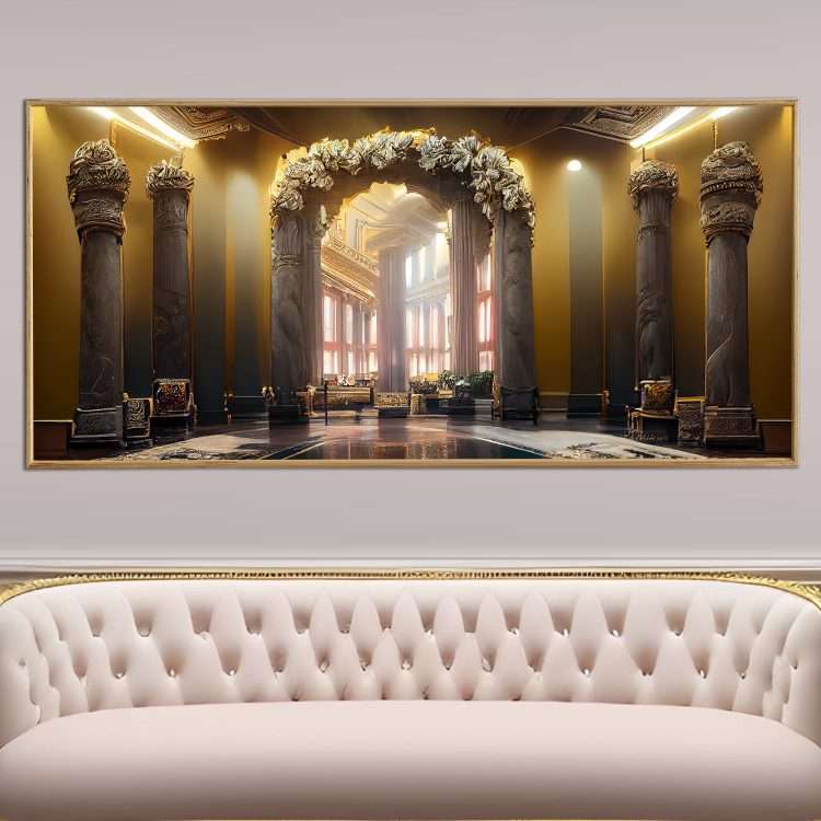 Painting in Plexiglass with Theme "Arches in a black marble wall & columns with gold decoration" in a wooden frame-Massdeco