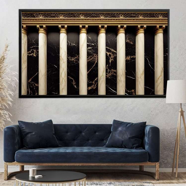Plexiglass painting with "Arches on a black marble wall and columns with gold decoration on a dark background" theme in a black wooden frame-Massdeco