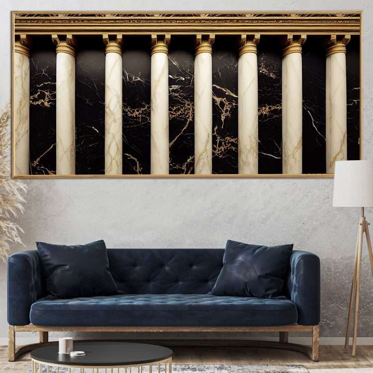 Picture in Plexiglass with the Theme "Arches in a black marble wall and columns with gold decoration on a dark background" in a wooden frame-Massdeco