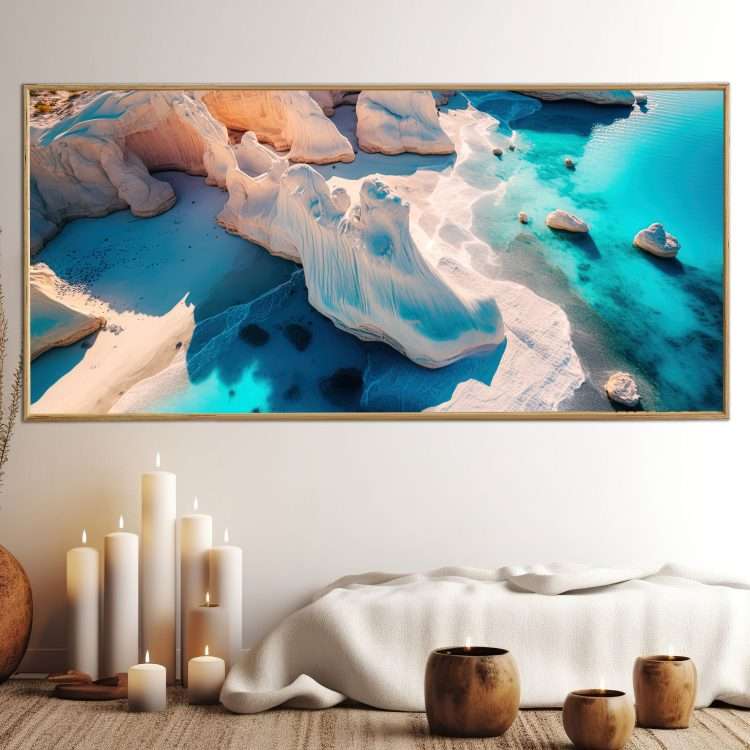 Plexiglass painting with "Sarakiniko of Milos" theme in a wooden frame-Massdeco
