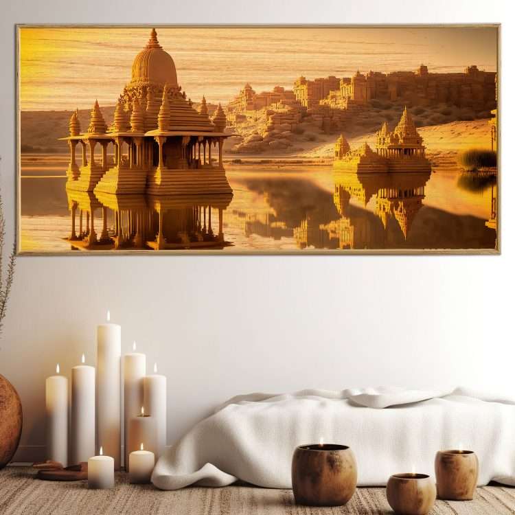 Wood Panel with "Gadisar lake" theme in a wooden frame-Massdeco