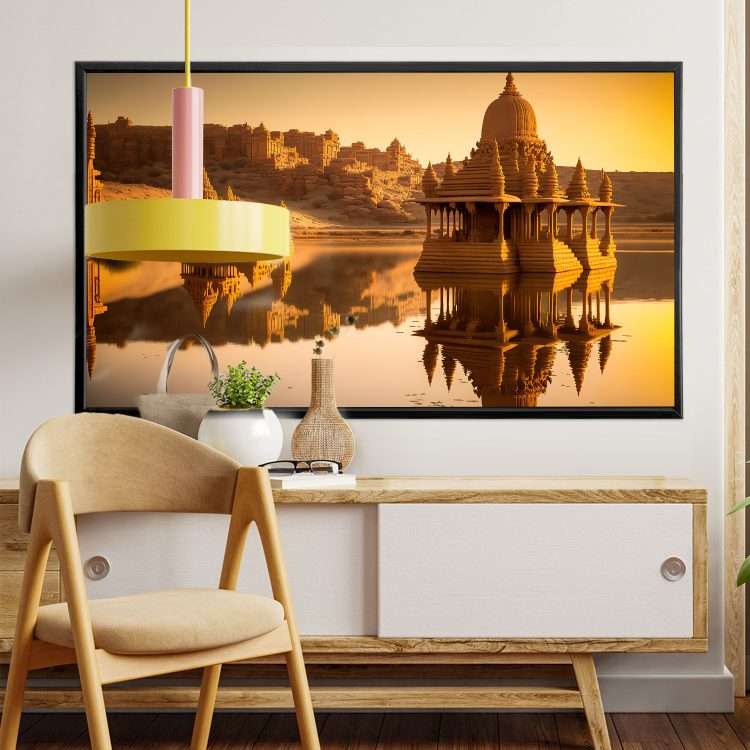Painting in Plexiglass with Theme "Gadisar lake" in black wooden Frame-Massdeco