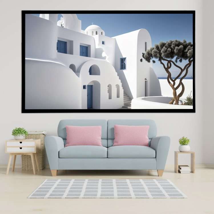 Plexiglass painting with "Traditional Greek architecture" theme in a black wooden frame-Massdeco