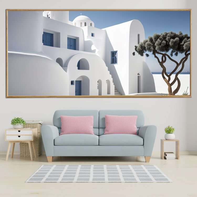 Plexiglass painting with "Traditional Greek architecture" theme in a wooden frame-Massdeco