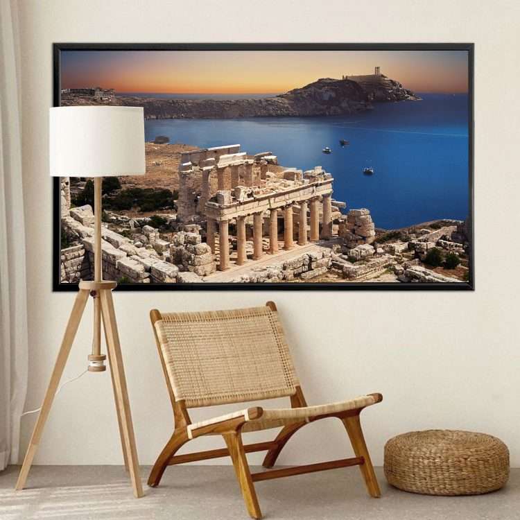 Plexiglass painting on the theme "Ruins of the Acropolis of Lindos in Rhodes" in a black wooden frame-Massdeco