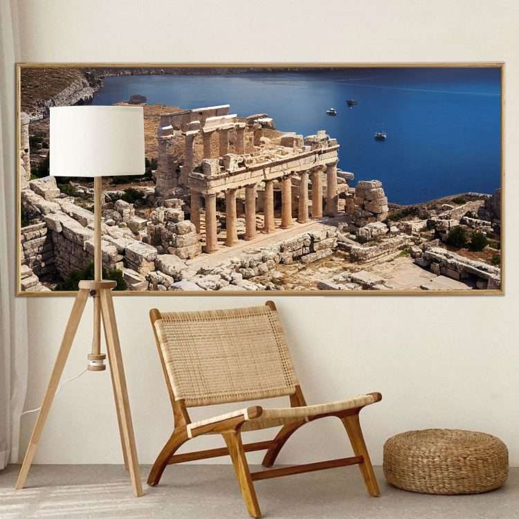 Plexiglass painting on the theme "Ruins of the Acropolis of Lindos in Rhodes" in a wooden frame-Massdeco