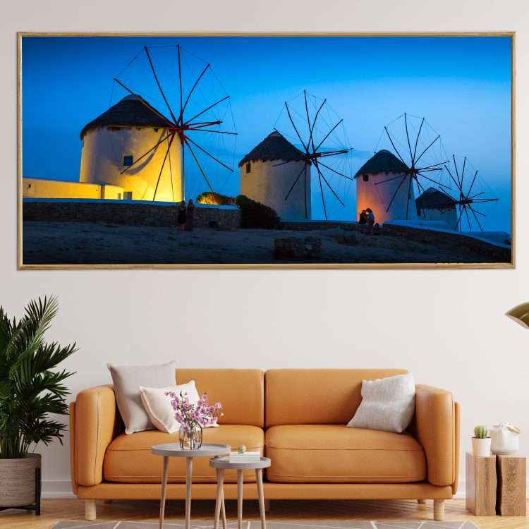 Plexiglass painting with "Windmills of Mykonos" theme in a wooden frame-Massdeco