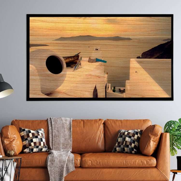 Πίνακας σε Ξύλο με Θέμα "Θέα από παραδοσιακό σπίτι στη Σαντορίνη" σε μαύρη ξύλινη Κορνίζα-Massdeco