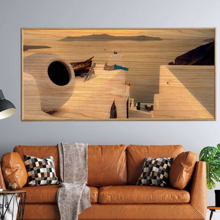 Πίνακας σε Ξύλο με Θέμα "Θέα από παραδοσιακό σπίτι στη Σαντορίνη" σε ξύλινη Κορνίζα-Massdeco