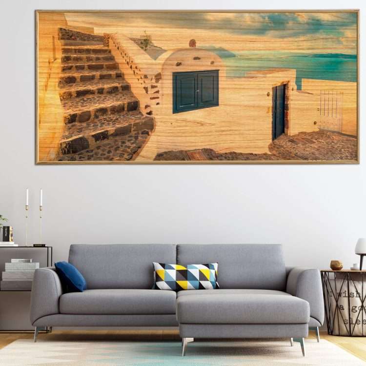 Πίνακας σε Ξύλο με Θέμα "Κυκλαδίτικο στυλ σπιτιού στη Σαντορίνη" σε ξύλινη Κορνίζα-Massdeco