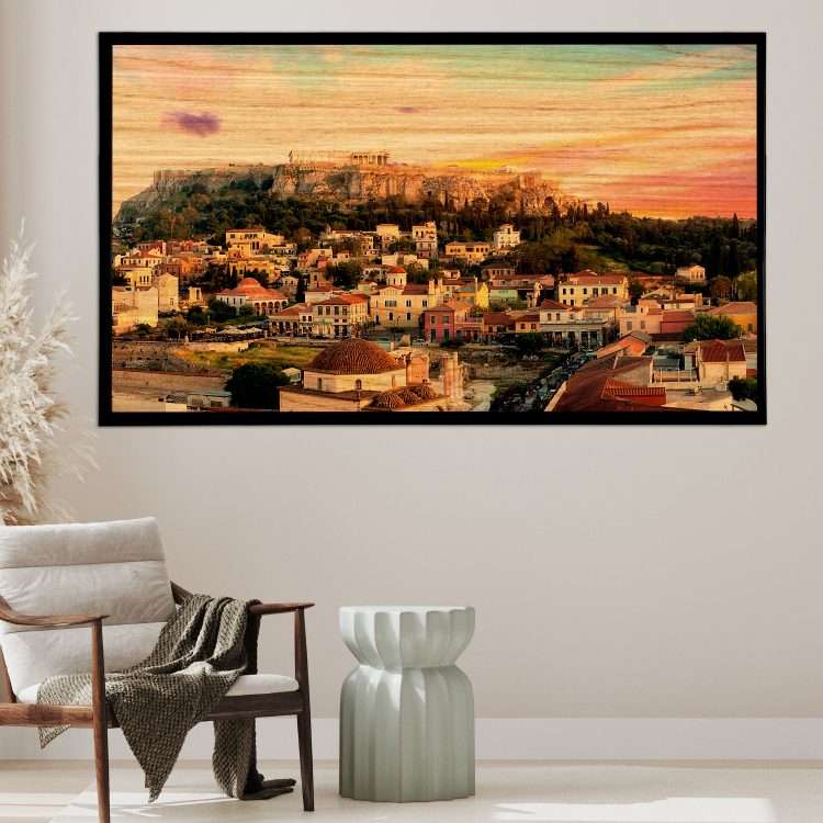 Πίνακας σε Ξύλο με Θέμα "Ακρόπολη στο ηλιοβασίλεμα" σε μαύρη ξύλινη Κορνίζα-Massdeco