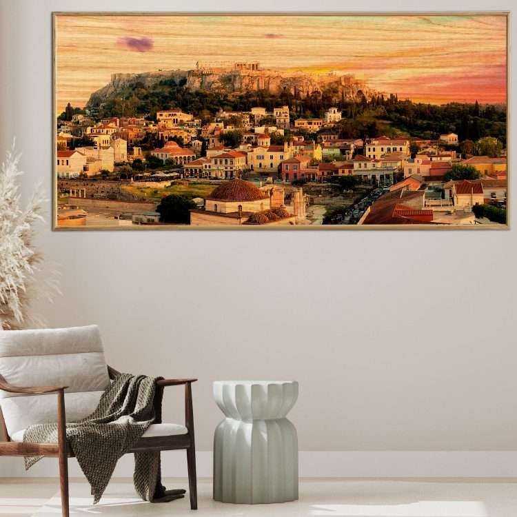 Πίνακας σε Ξύλο με Θέμα "Ακρόπολη στο ηλιοβασίλεμα" σε ξύλινη Κορνίζα-Massdeco