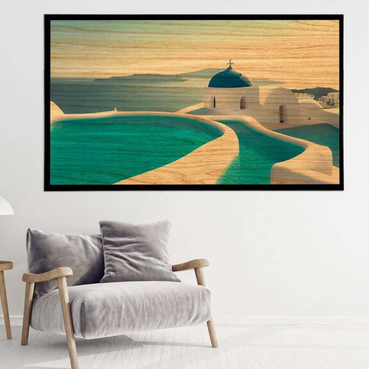 "Santorini with panoramic background" Wood Painting in Black Wooden Frame-Massdeco