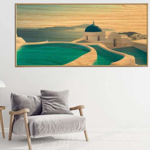"Santorini with panoramic background" Wood Panel in Wooden Frame-Massdeco