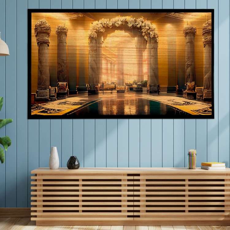 "Arches on a black marble wall & columns with gold decoration" Theme on Wood Painting in a Wooden Frame-Massdeco