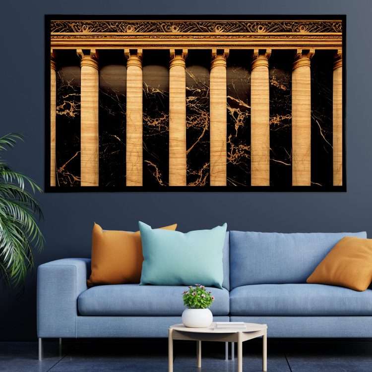 Πίνακας σε Ξύλο με Θέμα "Καμάρες σε τοίχο από μαύρο μάρμαρο και στήλες με χρυσή διακόσμηση σε σκούρο φόντο" σε μαύρη ξύλινη Κορνίζα-Massdeco