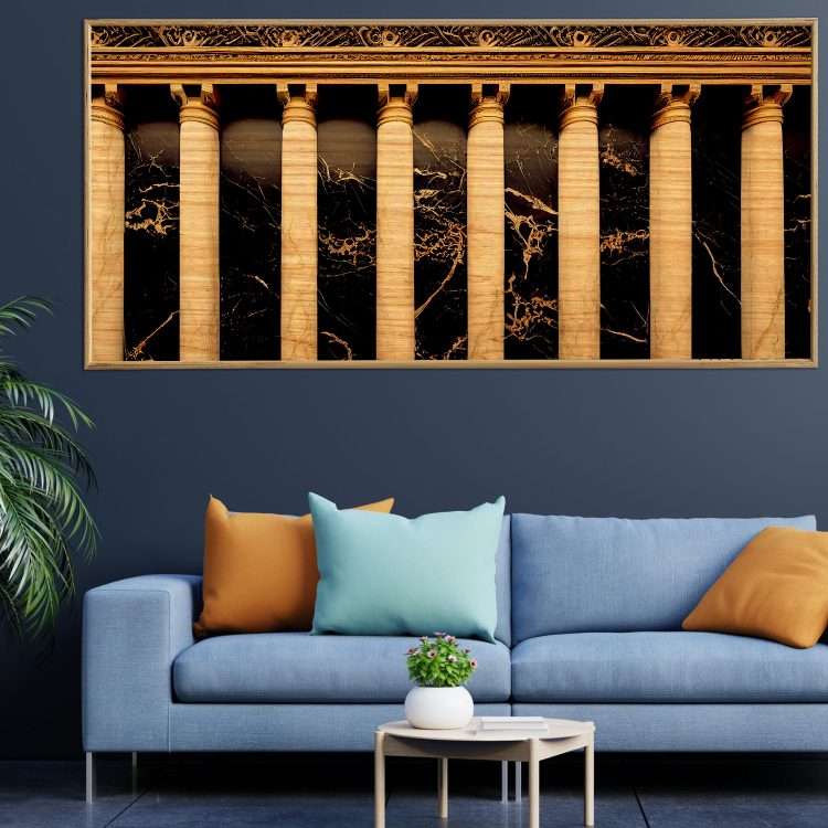 Πίνακας σε Ξύλο με Θέμα "Καμάρες σε τοίχο από μαύρο μάρμαρο και στήλες με χρυσή διακόσμηση σε σκούρο φόντο" σε ξύλινη Κορνίζα-Massdeco