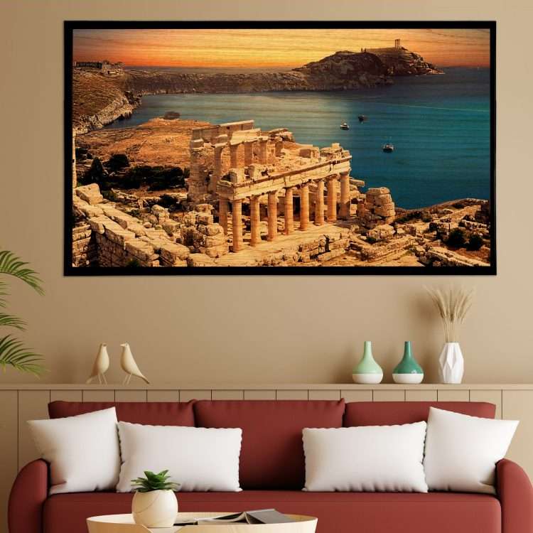 Wood Panel with Theme "Ruins of the Acropolis of Lindos in Rhodes" in Black Wooden Frame-Massdeco