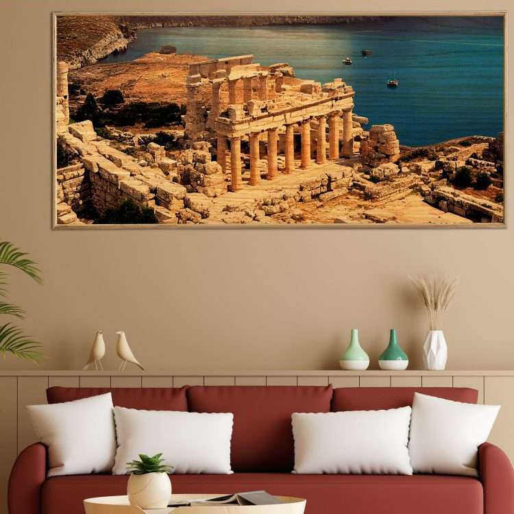 Wood Panel with Theme "Ruins of the Acropolis of Lindos in Rhodes" in Wooden Frame-Massdeco
