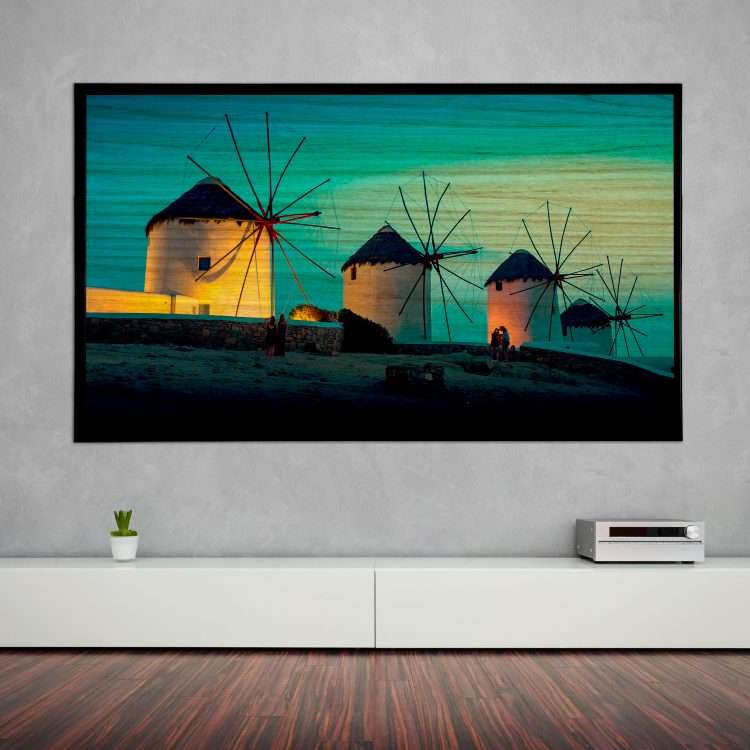 "Windmills of Mykonos" Theme Wood Panel in Black Wooden Frame-Massdeco