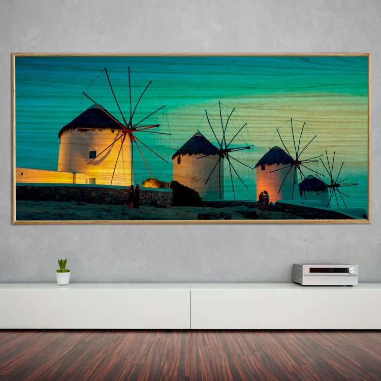 "Windmills of Mykonos" Theme Wood Panel in a Wooden Frame-Massdeco