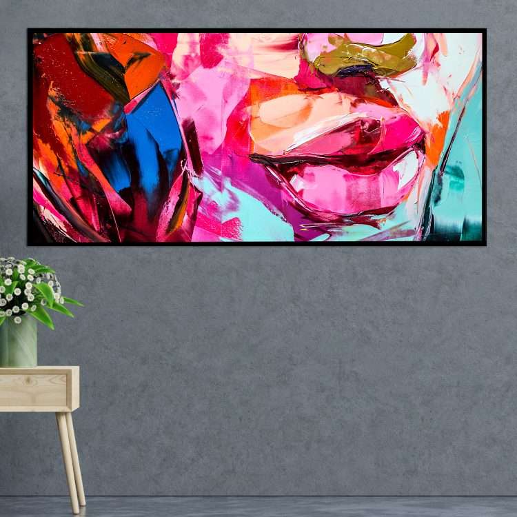 Plexiglass painting with "Pink Lips" theme in a black wooden frame-Massdeco