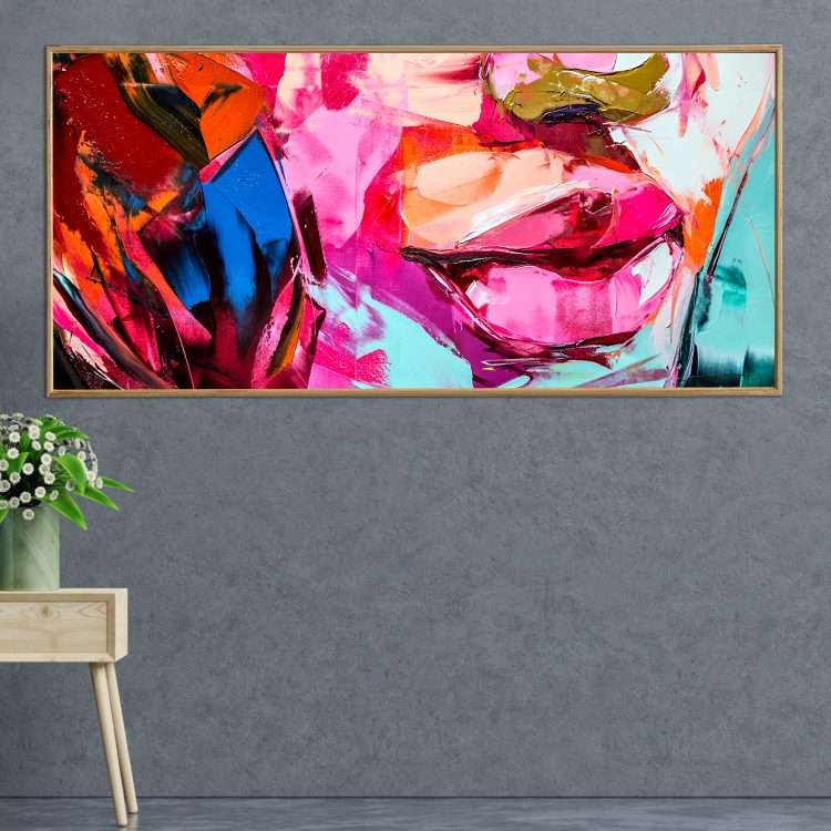 Plexiglass painting with "Pink Lips" theme in a wooden frame-Massdeco