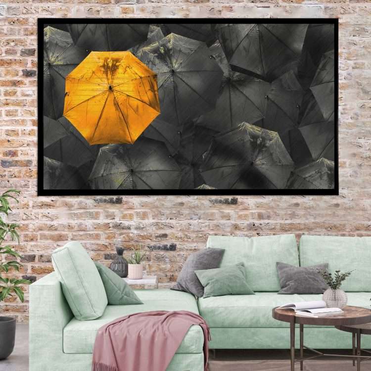 Wood Panel with "Orange Umbrella" Theme in Black Wooden Frame-Massdeco