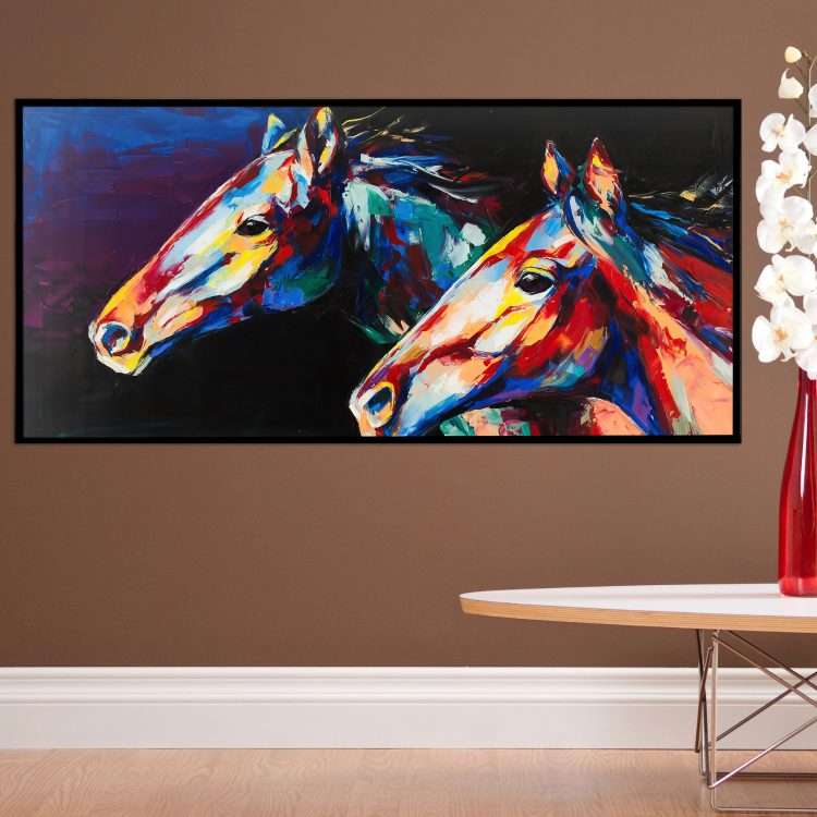 Plexiglass painting with the theme "Colorful horses" in a black wooden frame-Massdeco