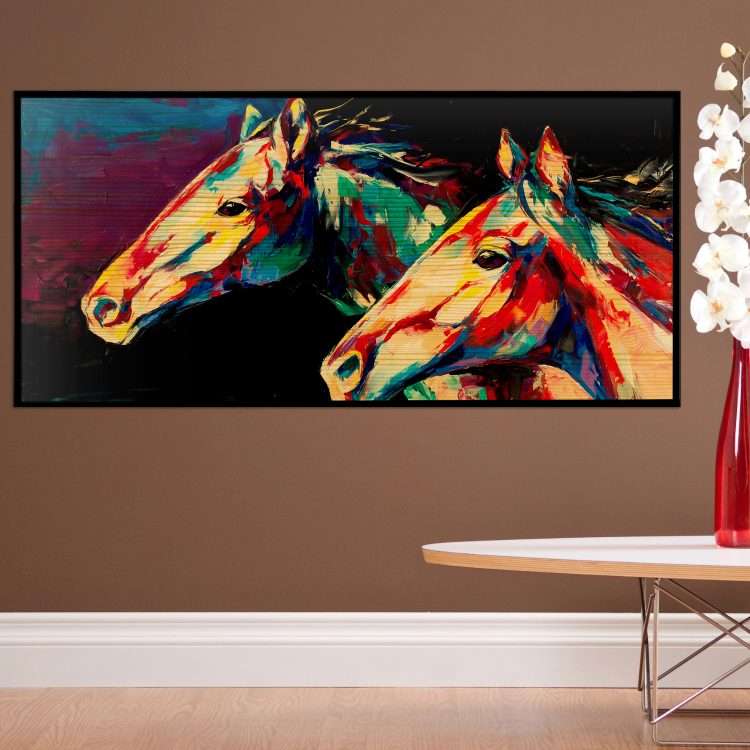 Πίνακας σε Ξύλο με Θέμα "Πολύχρωμα άλογα" σε μαύρη ξύλινη Κορνίζα-Massdeco