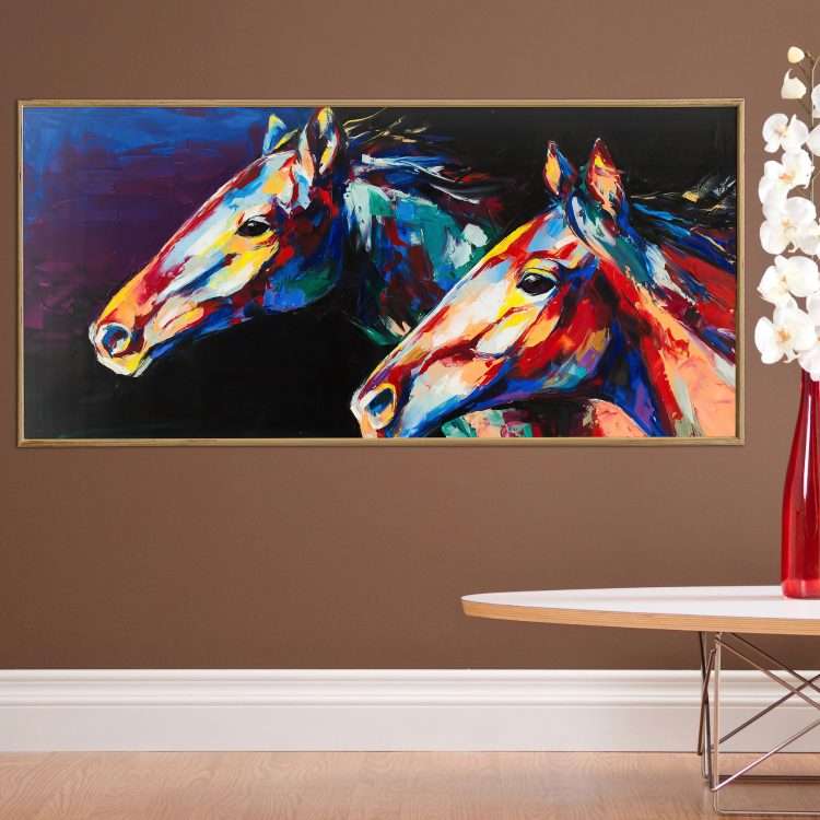 Plexiglass painting with the theme "Colorful horses" in a wooden frame-Massdeco