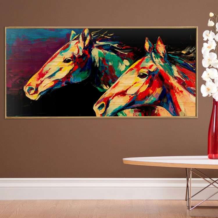 Painting on Wood with "Colorful Horses" Theme in a Wooden Frame-Massdeco