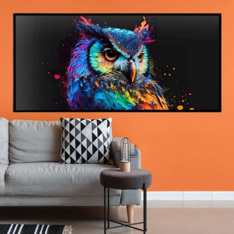 Painting in Plexiglass with "Owl" theme in a black wooden frame-Massdeco